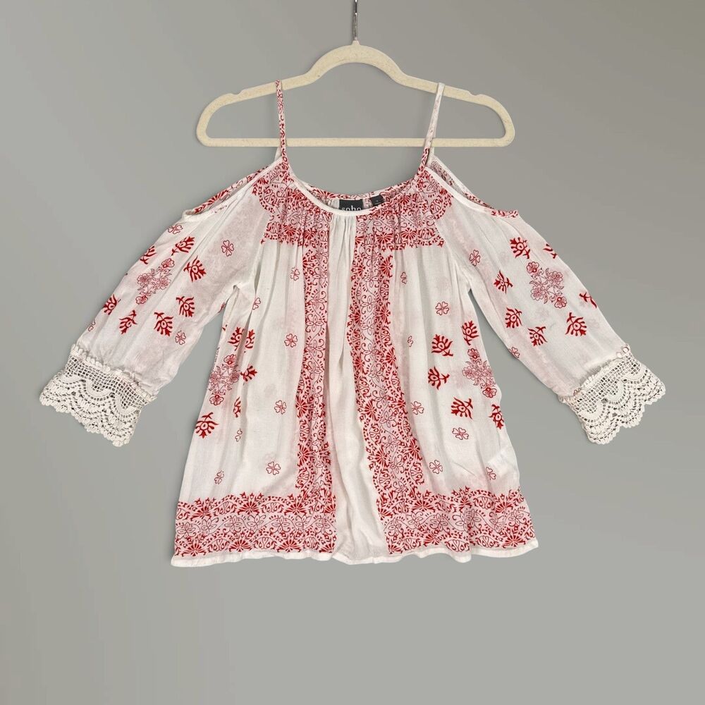 Soho Jeans Women’s White Red Floral Cold Shoulder Boho Lace Sleeve Blouse Sz Sm